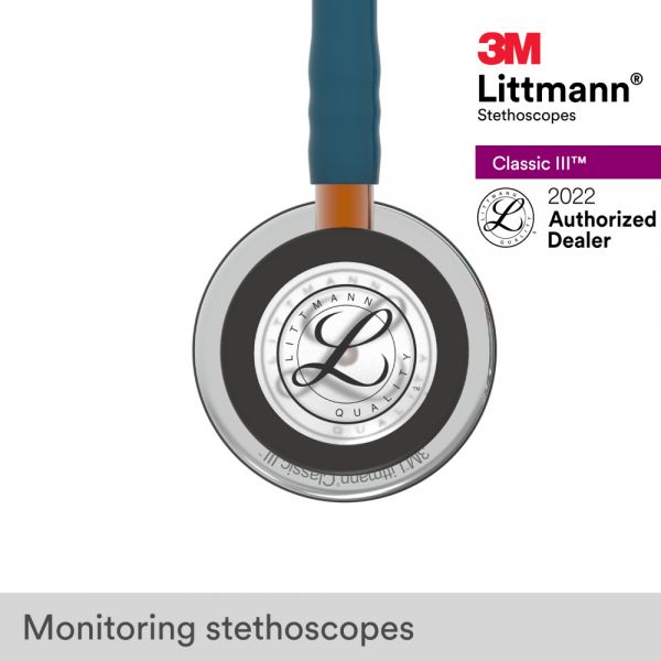 3M™ Littmann® Classic III™ Monitoring Stethoscope, Mirror Chestpiece, Caribbean Blue Tube, Orange Stem and Stainless Headset, 27 inch, 5874
